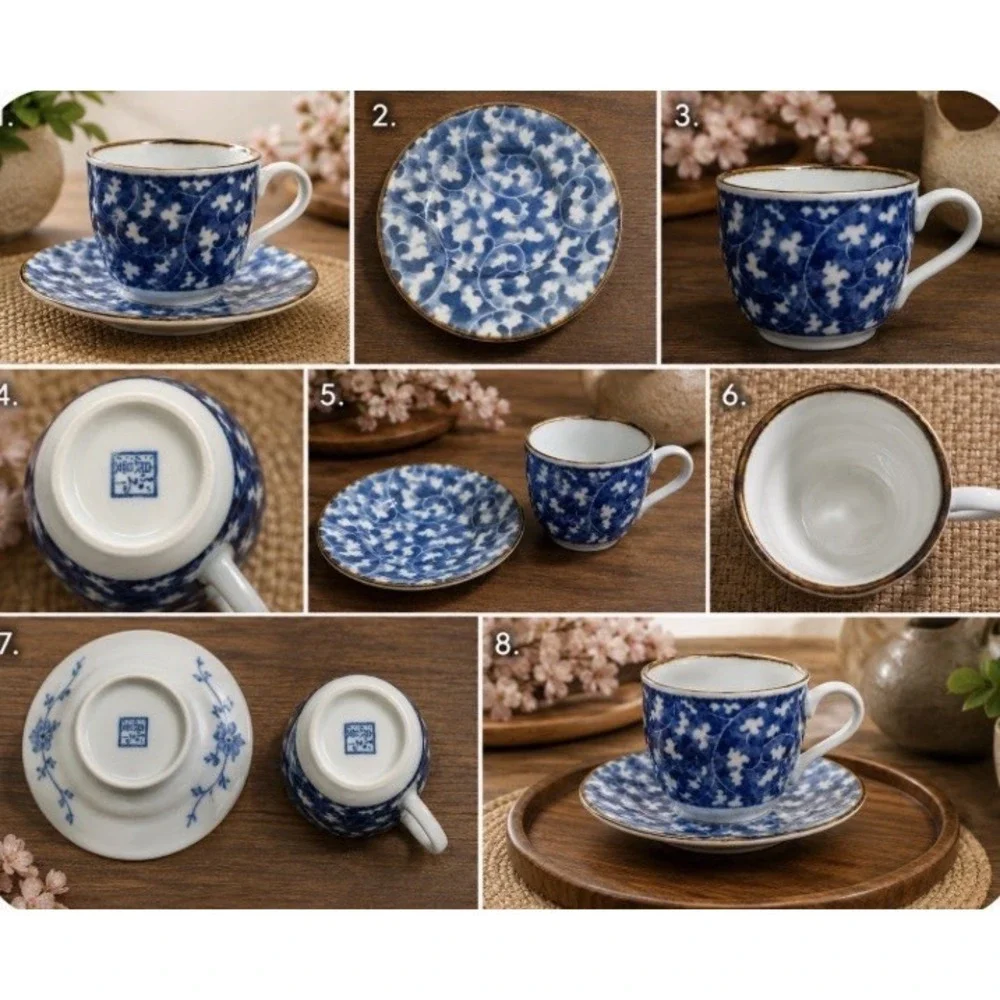Japanese Blue And White Porcelain Tea Cup Saucer Set, Arita Style Floral 4